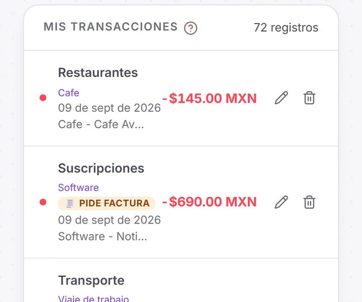 Cada gasto con su categoría. En México, además, si es deducible o pide factura.